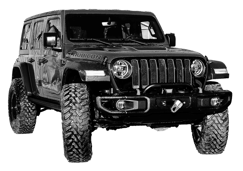 Black and white image of a cut out Jeep with a transparent background